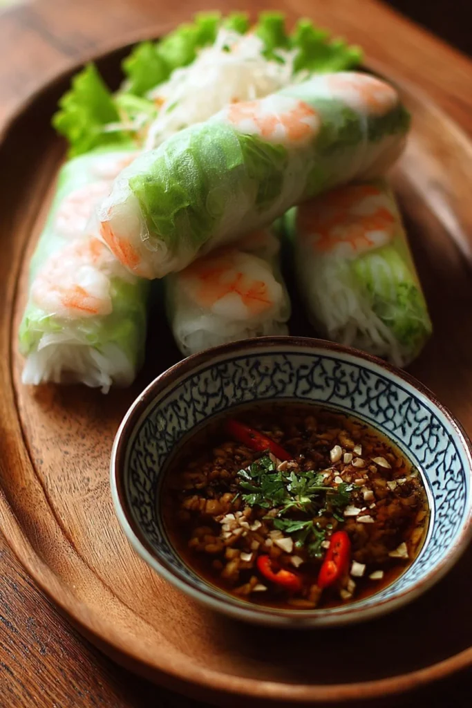 Delicious Vietnamese fresh spring rolls with colorful vegetables and herbs