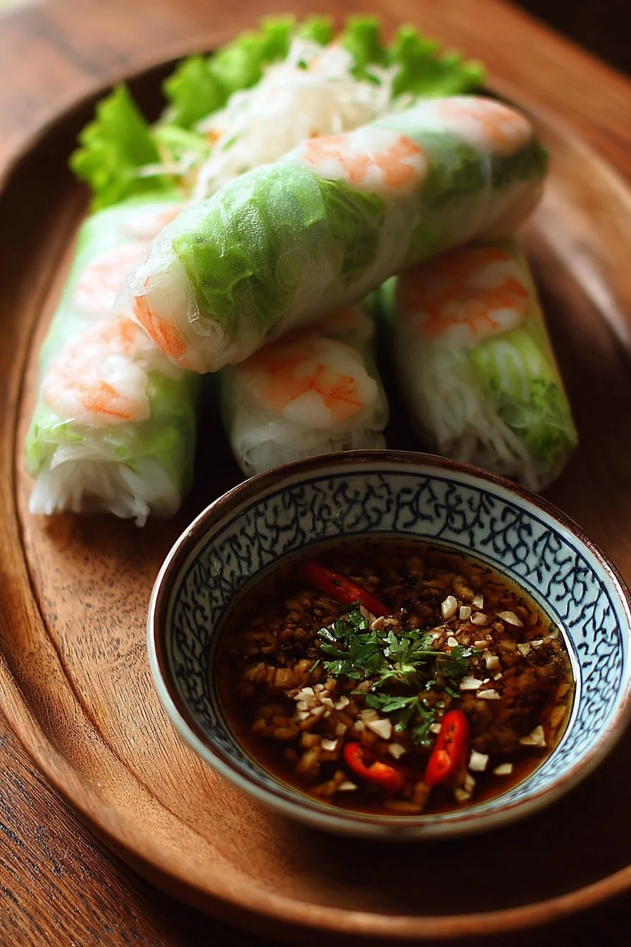 Delicious Vietnamese fresh spring rolls with colorful vegetables and herbs