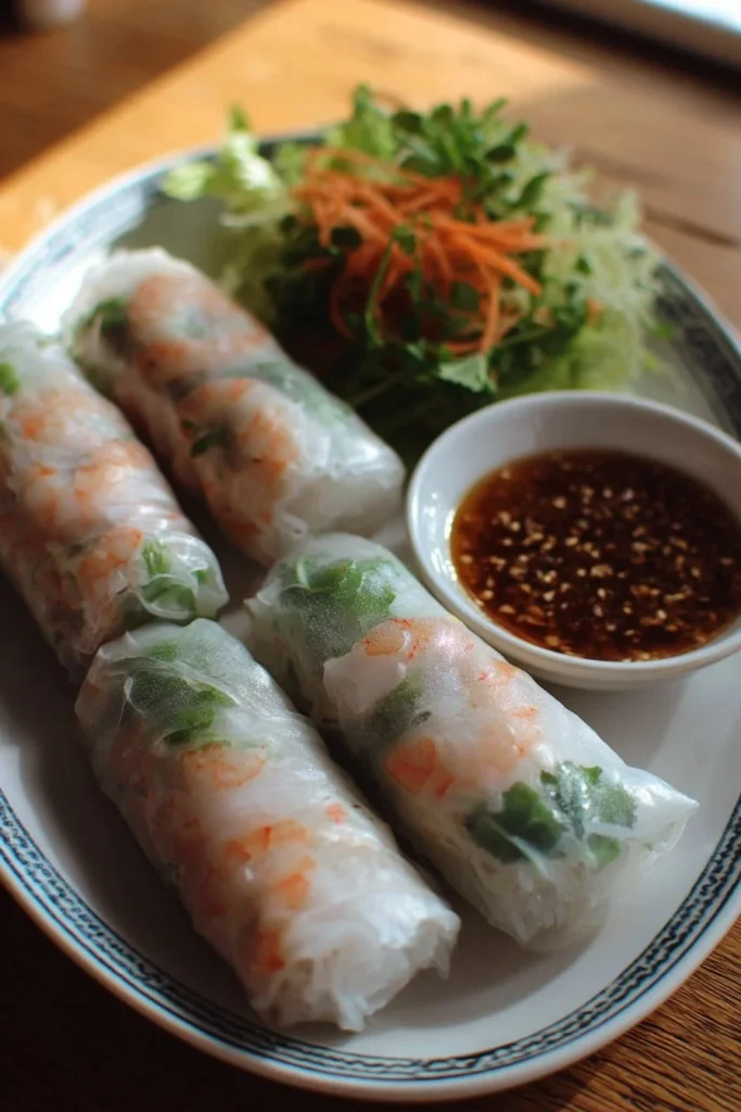 Fresh Vietnamese spring rolls with shrimp, herbs, and rice wrappers