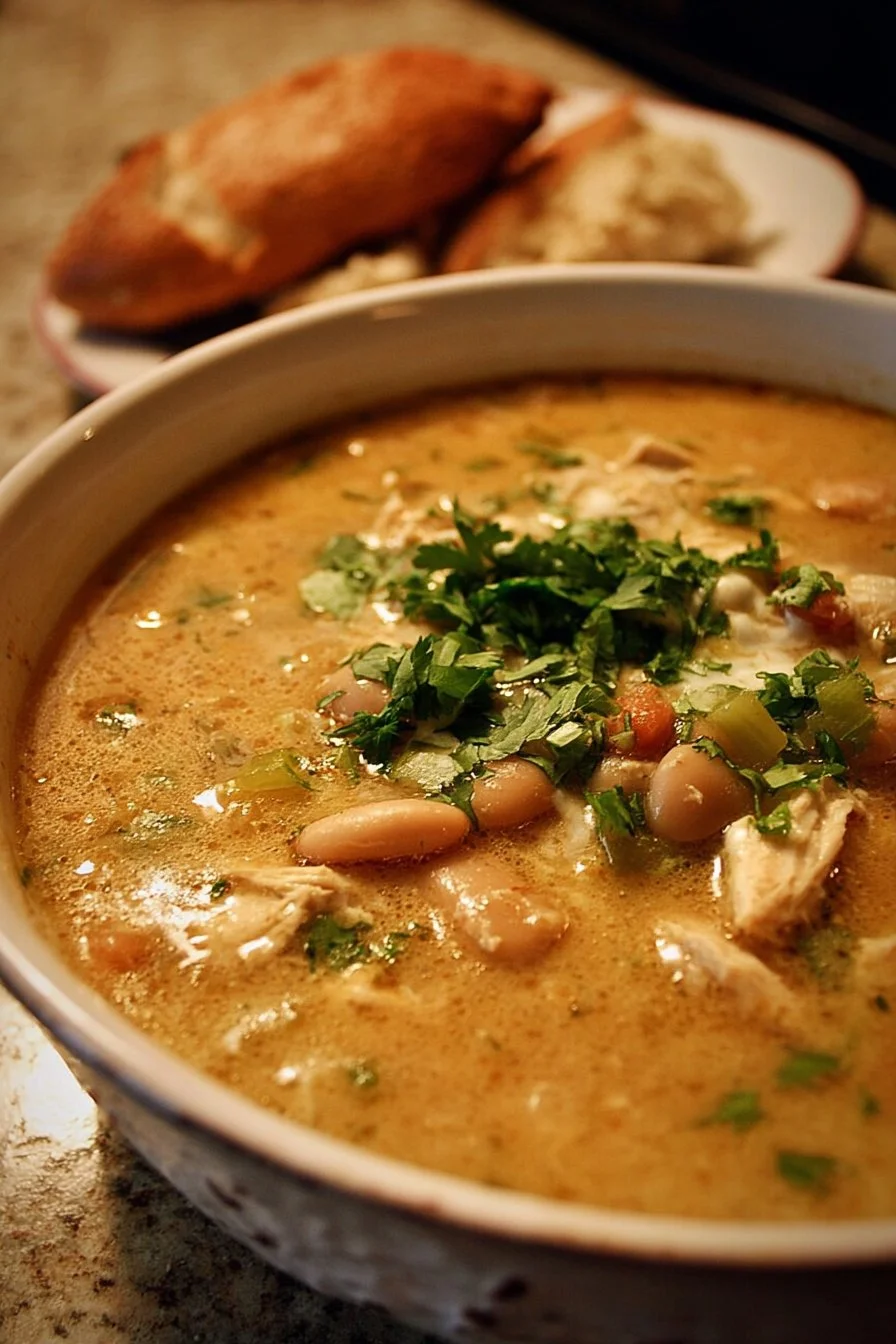 Delicious bowl of white chicken chili with toppings