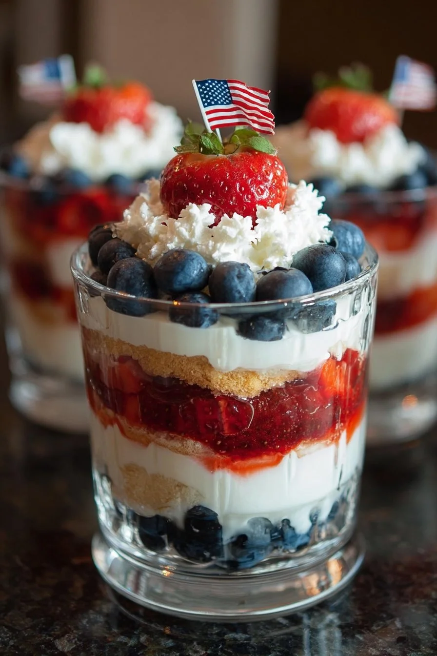 Colorful 4th of July berry layered dessert with fresh strawberries and blueberries.
