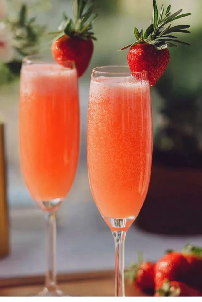 Refreshing strawberry bellini served in a champagne flute