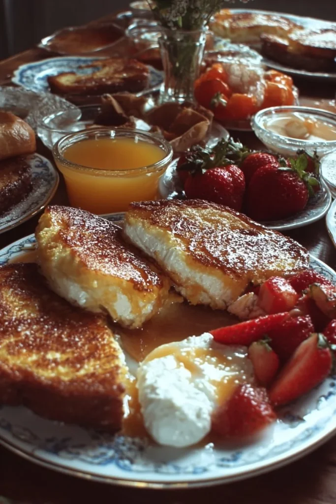 A beautifully set table for a Mother's Day brunch featuring flowers and delicious dishes.