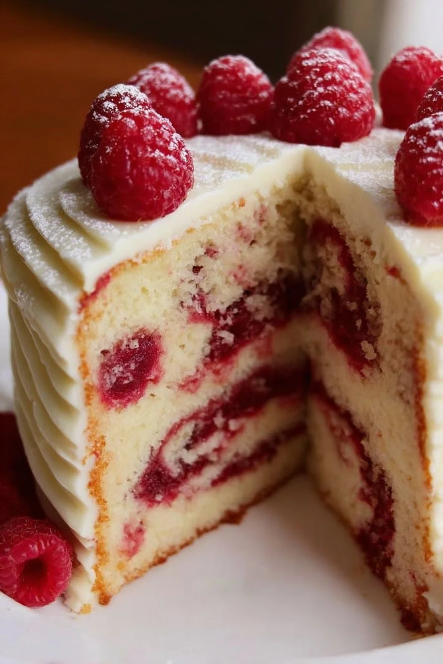 Almond Raspberry Swirl Layer Cake with rich layers and vibrant raspberry swirls