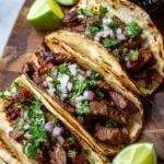 Delicious authentic grilled beef street tacos served with fresh toppings