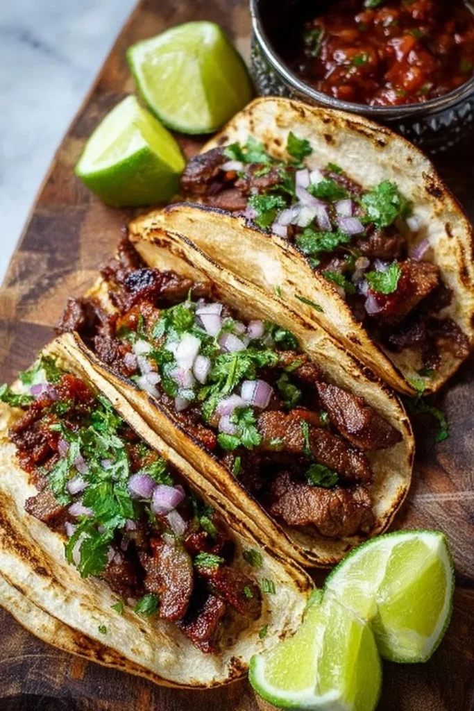 Delicious authentic grilled beef street tacos served with fresh toppings