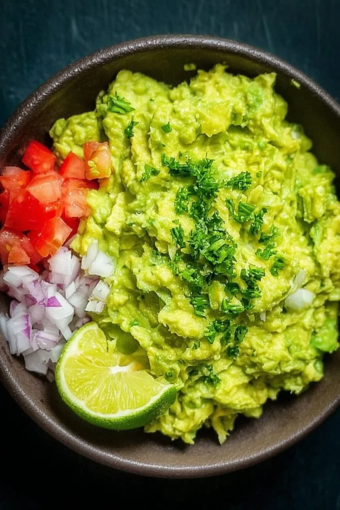 Bowl of authentic guacamole made with fresh avocados and spices.