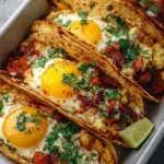 Baked breakfast tacos filled with eggs, cheese, and toppings on a plate.