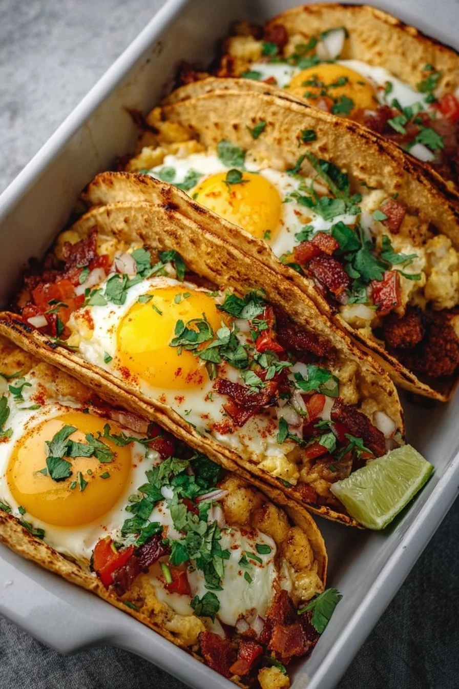Baked breakfast tacos filled with eggs, cheese, and toppings on a plate.