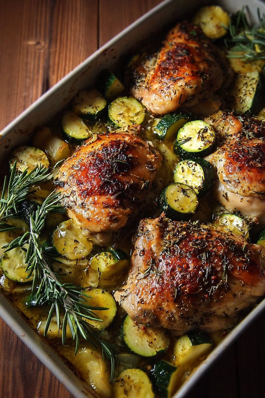 Delicious baked chicken served with fresh zucchini slices.