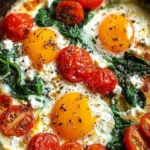 Baked feta eggs with spinach and tomatoes served in a dish