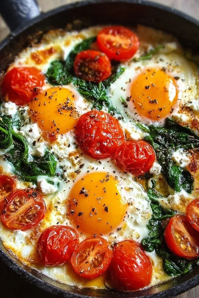 Baked feta eggs with spinach and tomatoes served in a dish