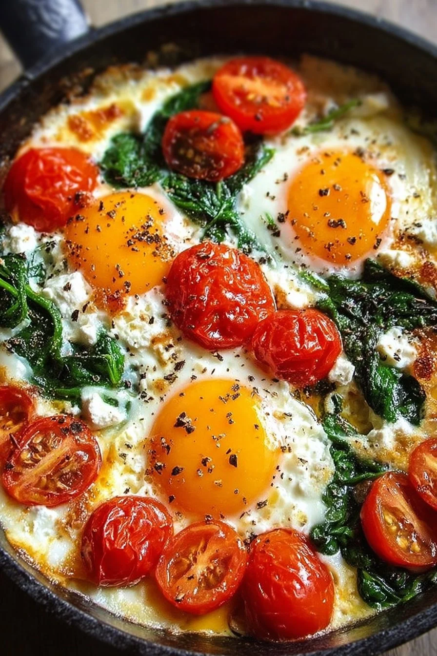Baked feta eggs with spinach and tomatoes served in a dish