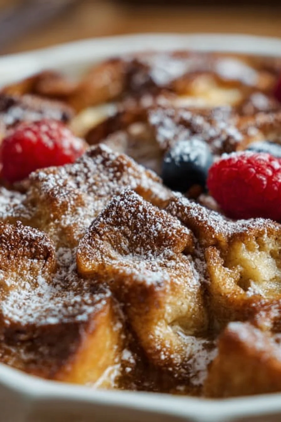 Delicious baked French toast casserole served in a dish, ready for breakfast
