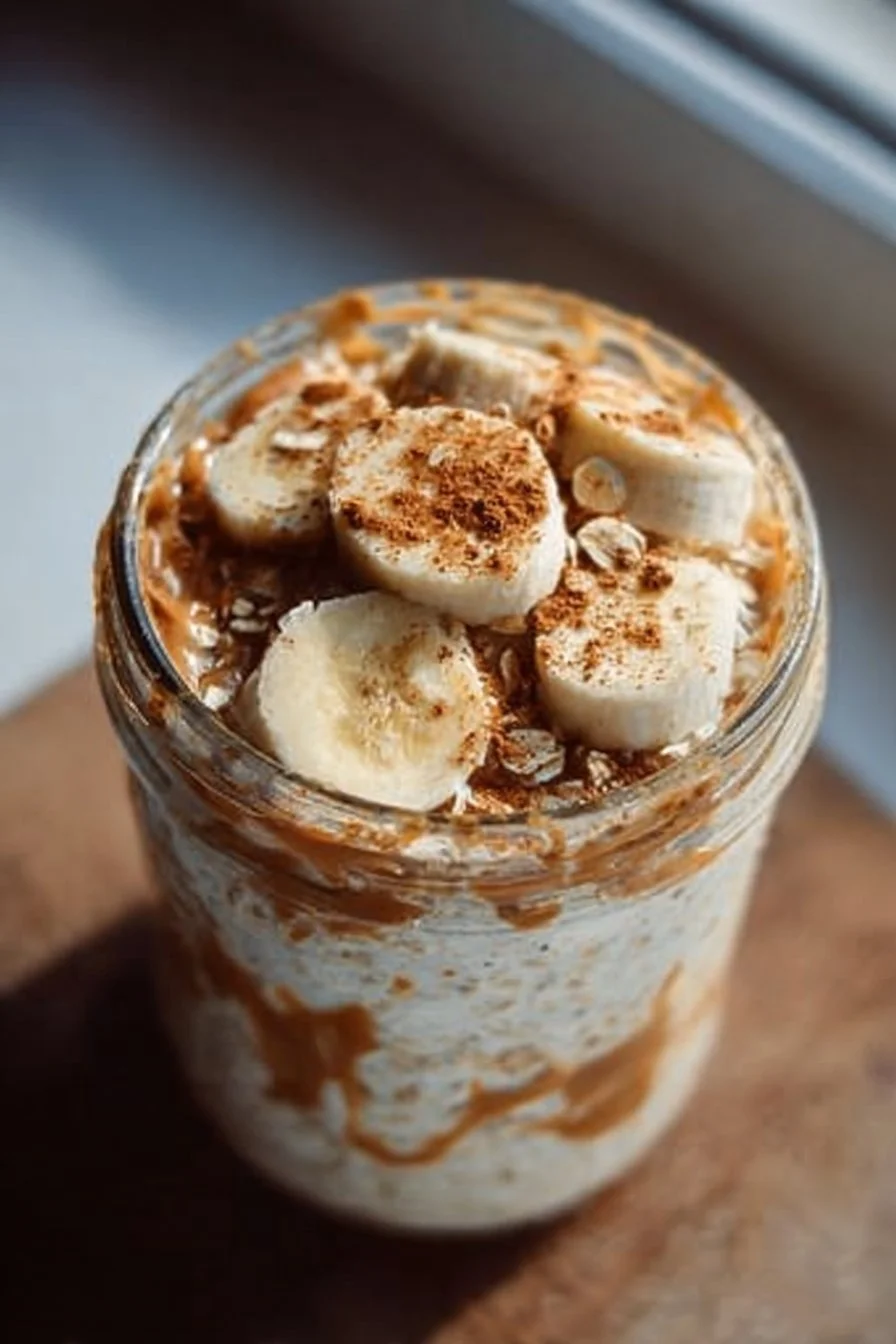 Delicious bowl of Banana Biscoff Overnight Oats topped with banana slices and Biscoff crumbs