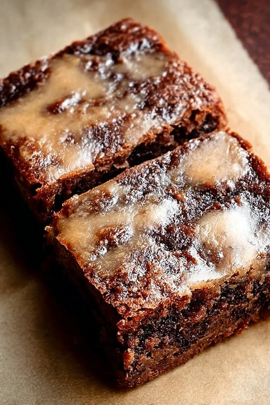 Delicious banana bread brownies topped with chocolate drizzle