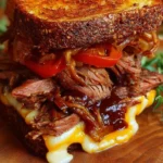 BBQ brisket melt sandwich with cheese and toppings