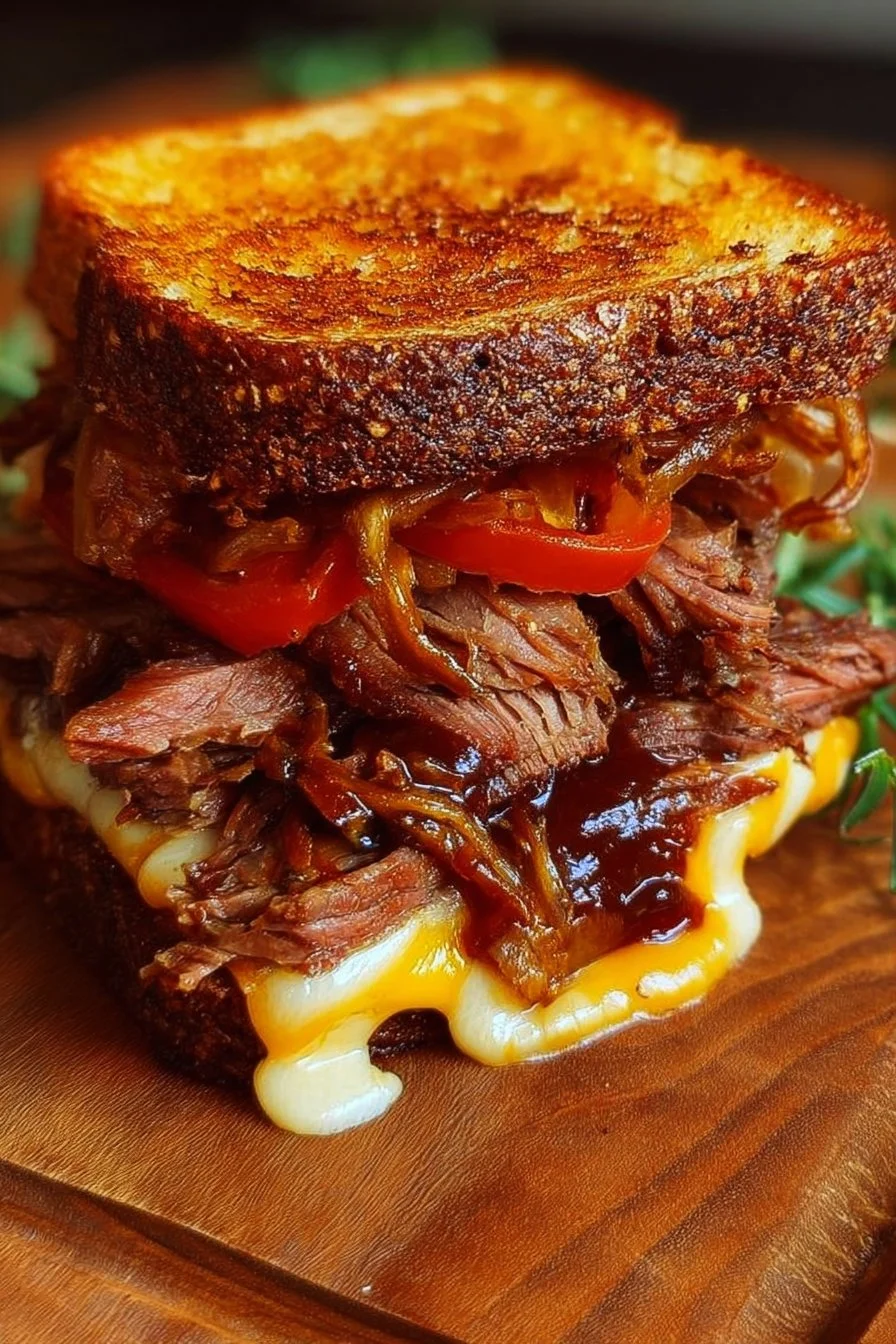 BBQ brisket melt sandwich with cheese and toppings