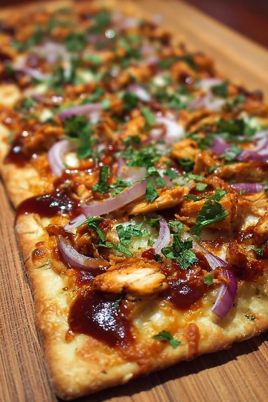 BBQ Chicken Flatbread Pizza topped with cheese, tender chicken, and BBQ sauce.