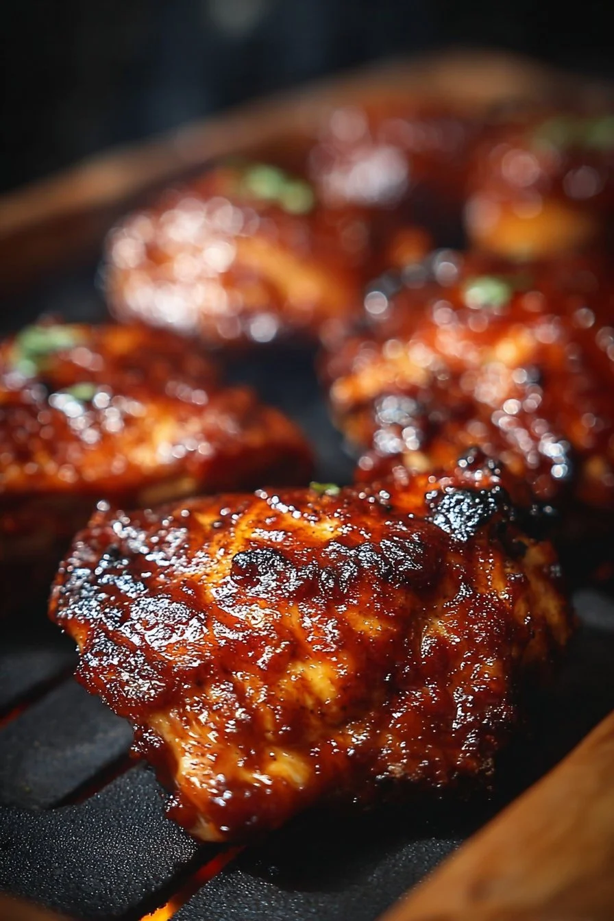 Grilled BBQ chicken thighs on a plate with barbecue sauce