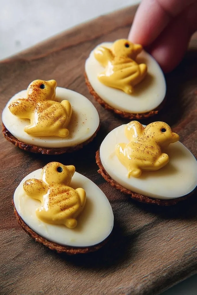 Bee-themed deviled eggs platter with honey and decorative accents.