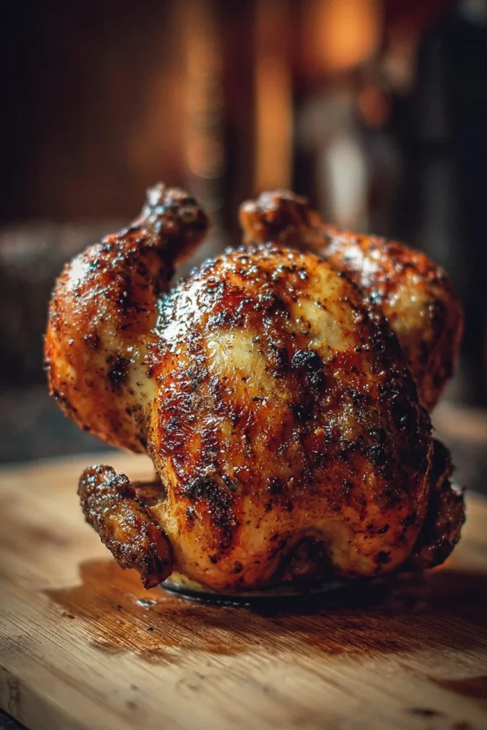 Delicious Beer-Can Chicken grilling on a barbecue for a flavorful meal.