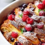 Delicious berry croissant bake topped with fresh berries and powdered sugar