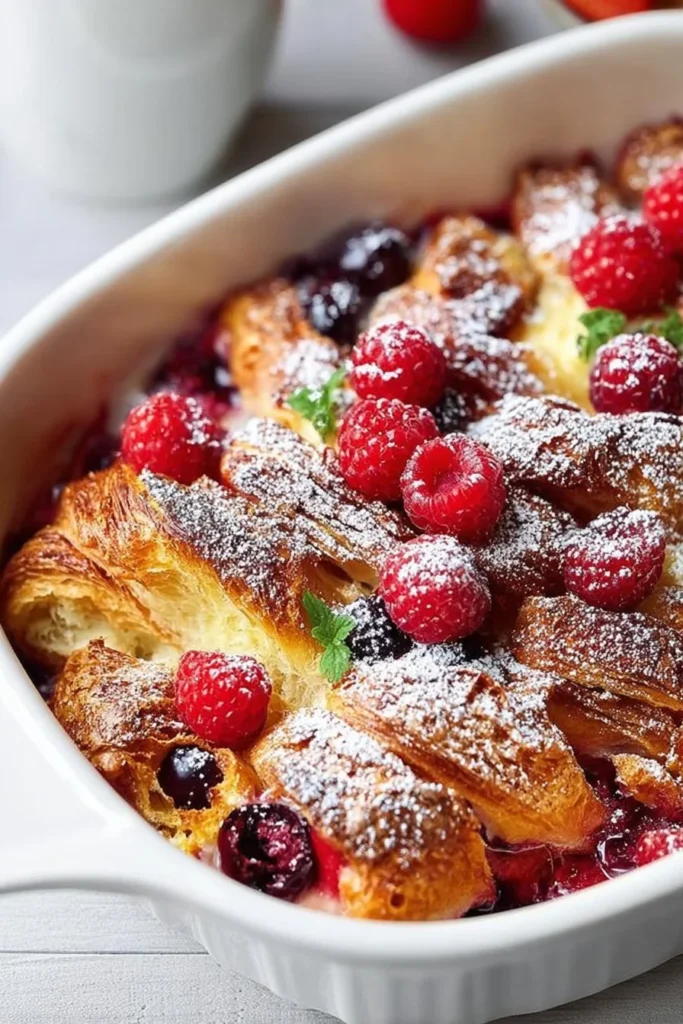 Delicious berry croissant bake topped with fresh berries and powdered sugar