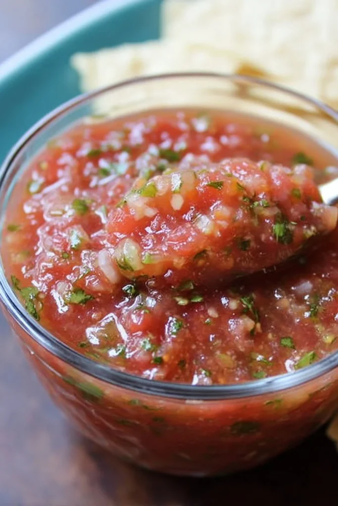 Picture of vibrant, fresh homemade salsa in a bowl with cilantro and tomatoes