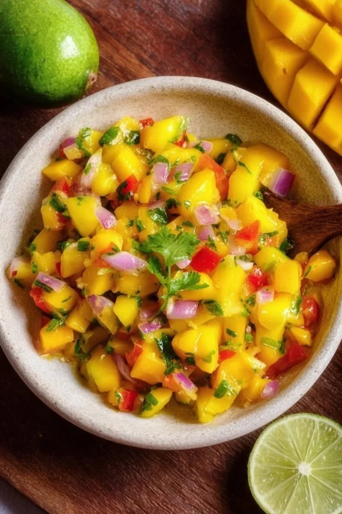 Delicious and vibrant mango salsa served in a bowl with tortilla chips.