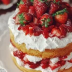Delicious sliced strawberry shortcake cake topped with fresh strawberries and whipped cream.