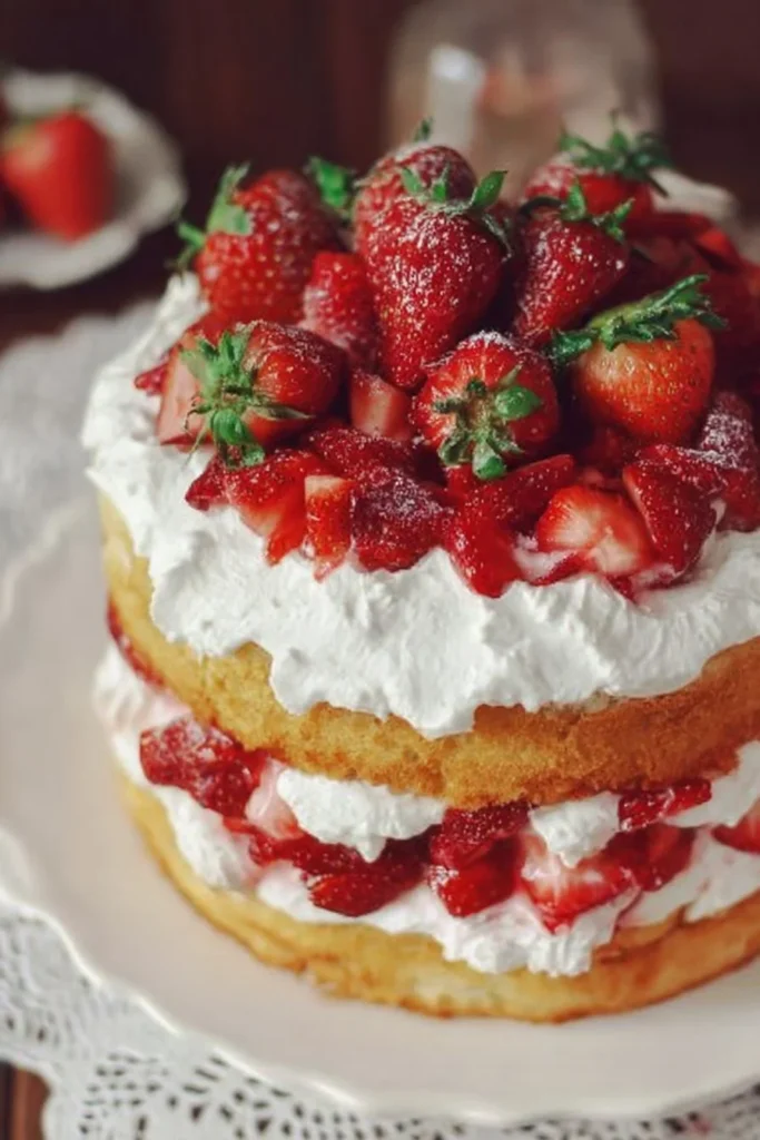 Delicious sliced strawberry shortcake cake topped with fresh strawberries and whipped cream.