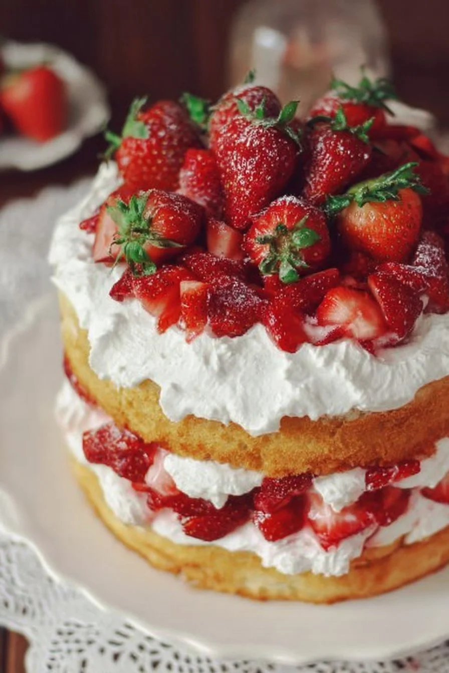 Delicious sliced strawberry shortcake cake topped with fresh strawberries and whipped cream.