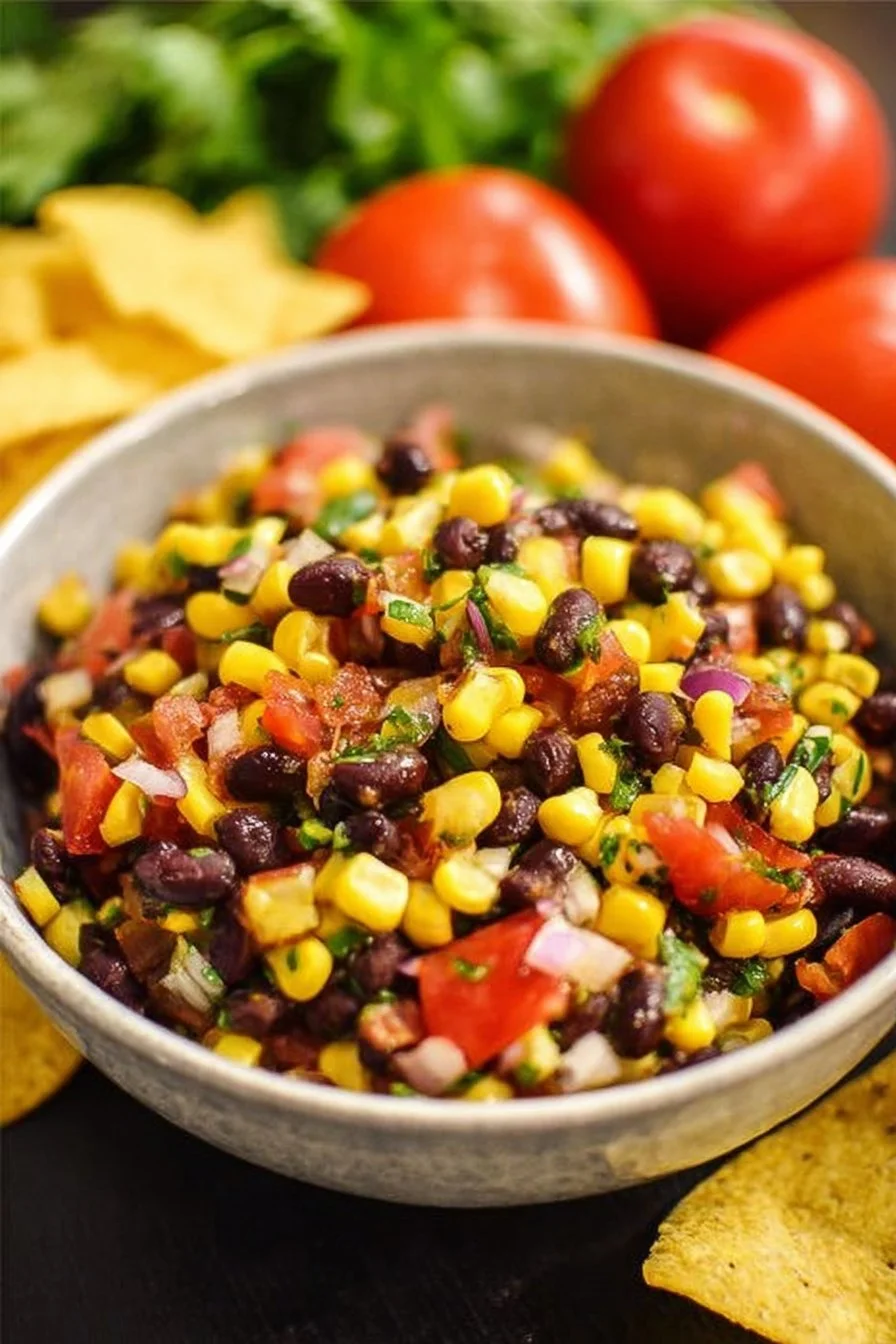 Bowl of fresh black bean corn salsa with colorful ingredients.