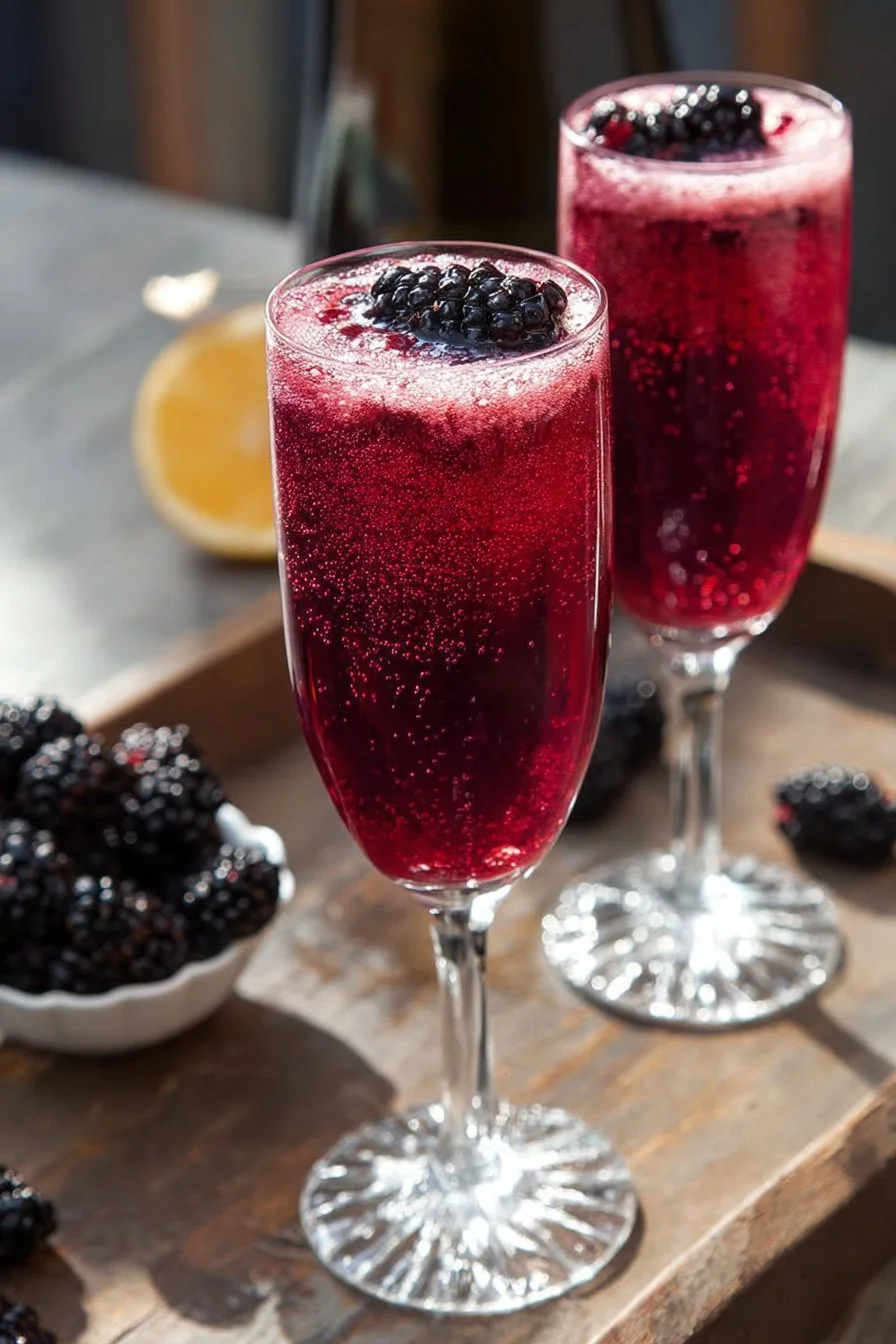 A refreshing glass of Blackberry Mimosas garnished with fresh blackberries