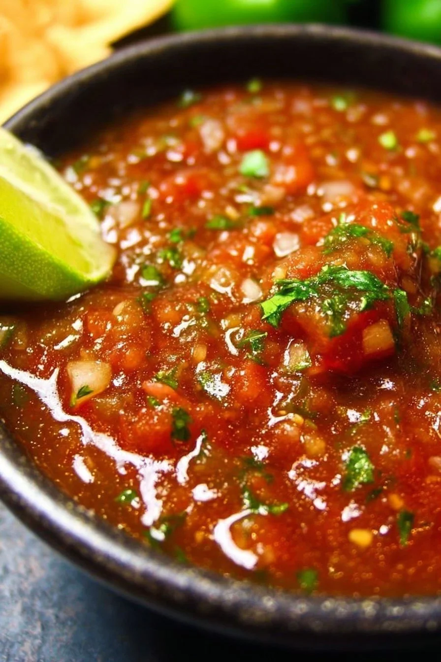 Fresh Blender Salsa made with tomatoes, onions, and cilantro in a blender.