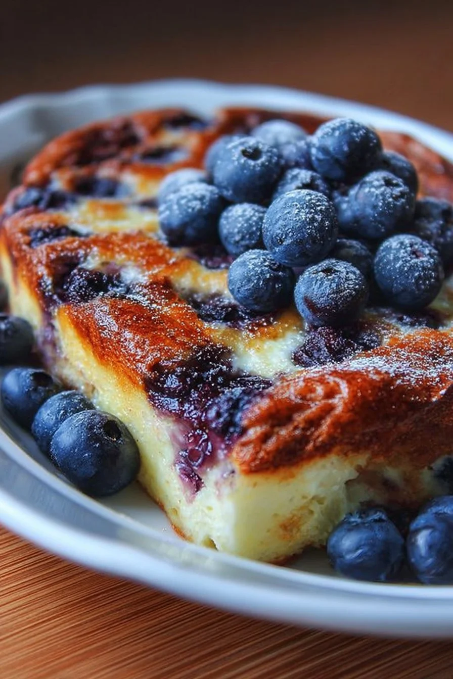 Blueberry Buttermilk Pancake Casserole topped with fresh blueberries and syrup