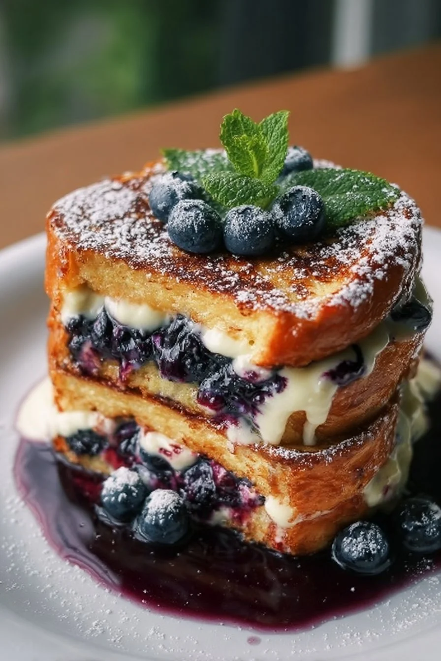Blueberry cheesecake stuffed French toast topped with fresh blueberries and cream