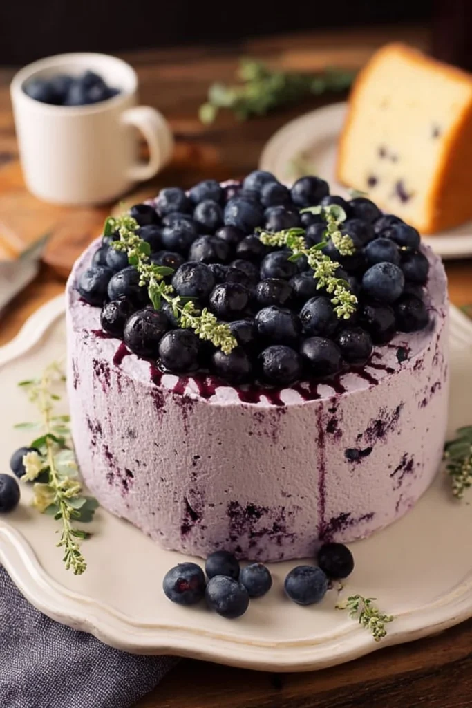 Fluffy blueberry chiffon cake topped with fresh blueberries and whipped cream.