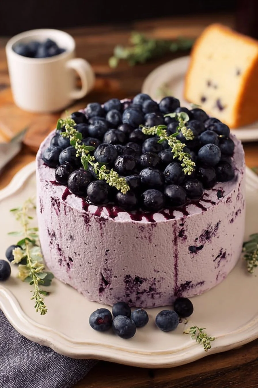 Fluffy blueberry chiffon cake topped with fresh blueberries and whipped cream.
