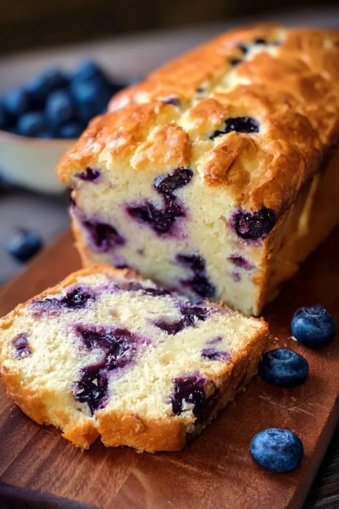 Loaf of Blueberry Cream Cheese Bread sliced and ready to serve