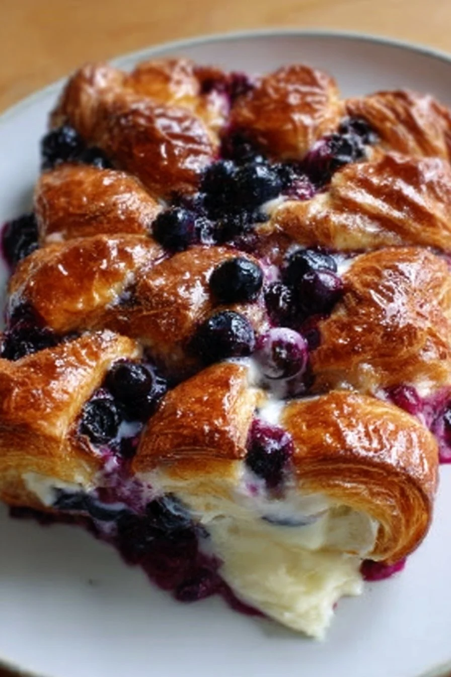 Baked blueberry croissant casserole with cream cheese topping
