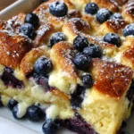 Delicious blueberry cream cheese French toast casserole baked to golden perfection