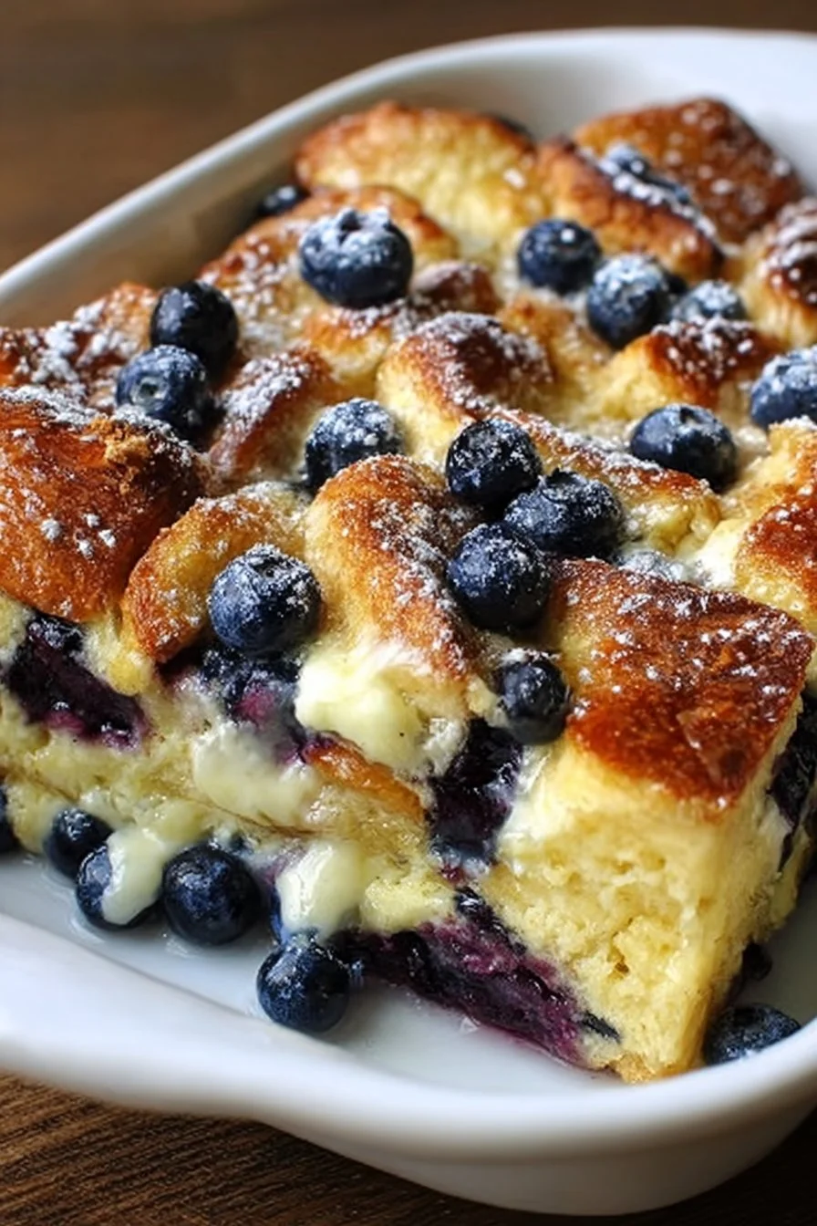 Delicious blueberry cream cheese French toast casserole baked to golden perfection