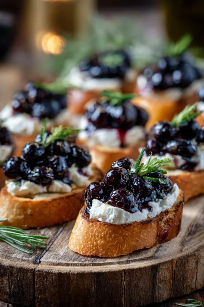 Delicious blueberry goat cheese crostini topped with fresh herbs.