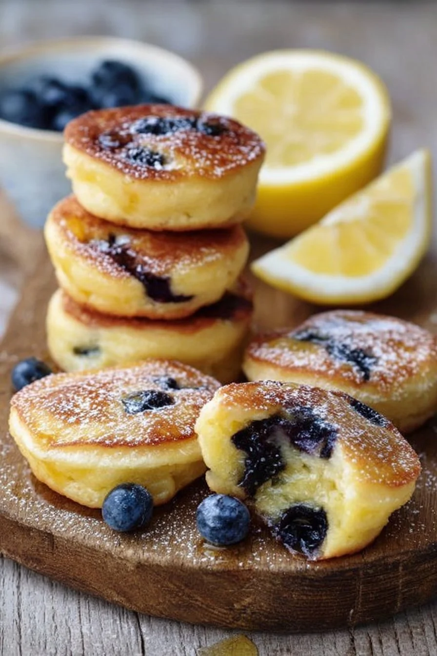 Blueberry lemon pancake bites served on a plate