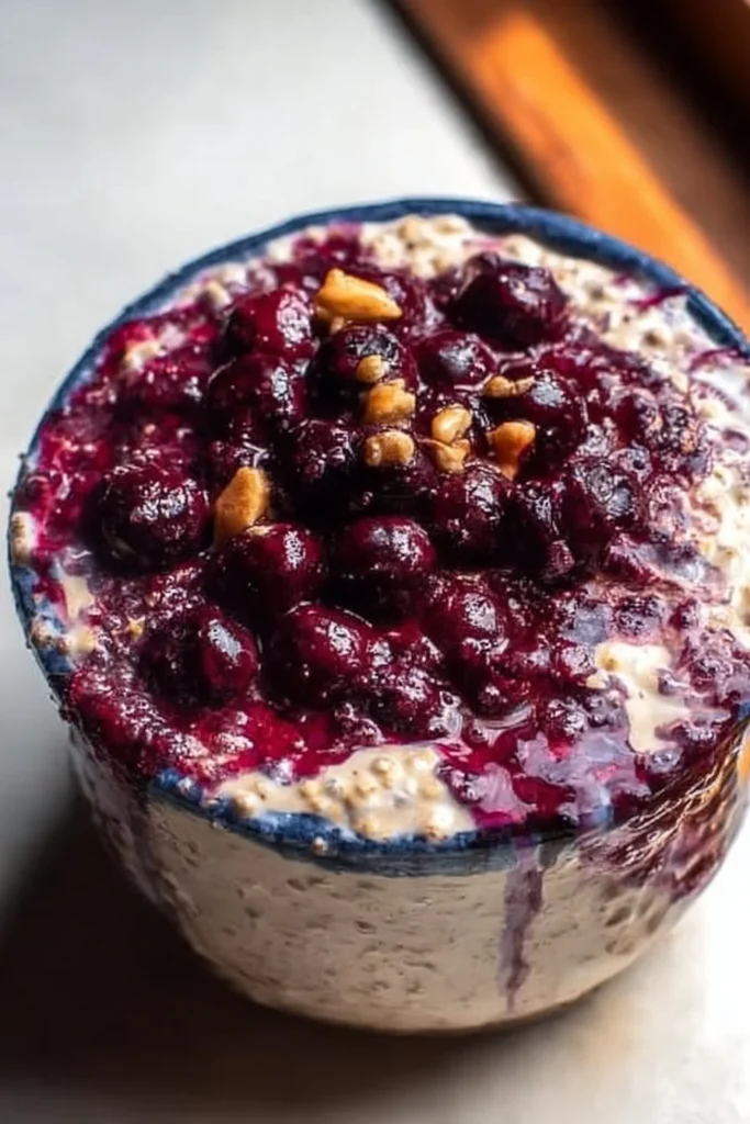 Blueberry pie overnight oats topped with fresh blueberries and granola
