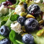 Delicious blueberry pistachio spring salad with fresh greens and colorful toppings