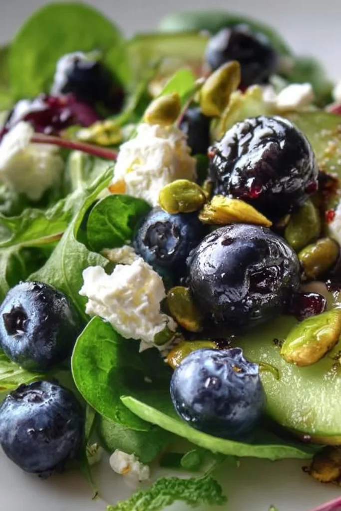 Delicious blueberry pistachio spring salad with fresh greens and colorful toppings