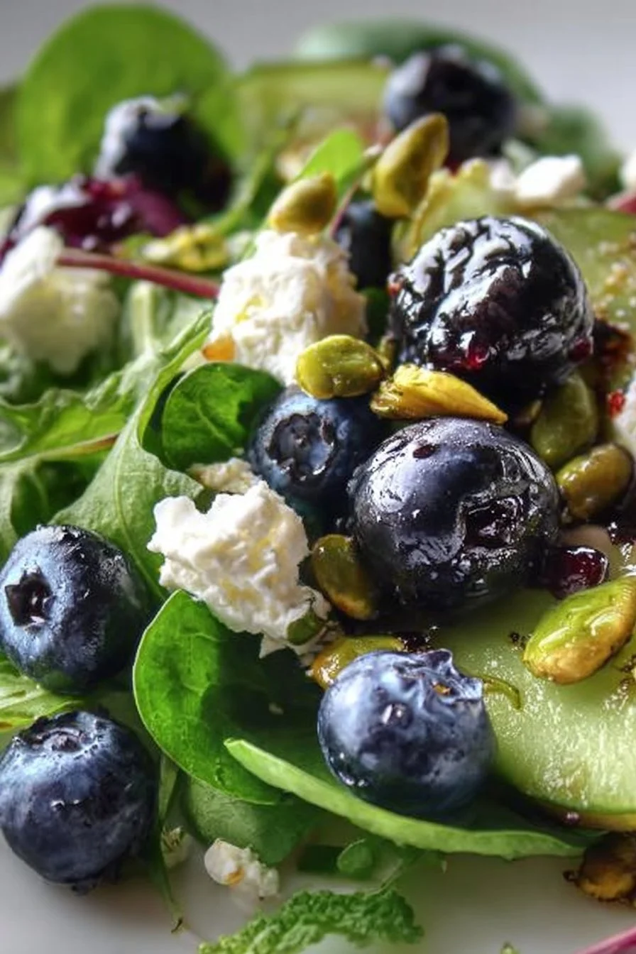 Delicious blueberry pistachio spring salad with fresh greens and colorful toppings